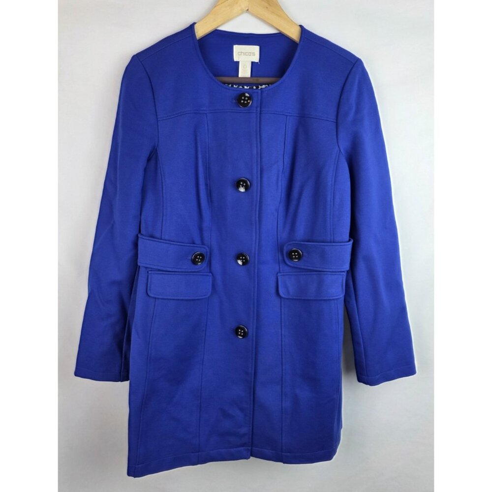 Chico's Women's Jacket Size 0 Small Royal Blue Ponte Pea Coat Duster Blazer